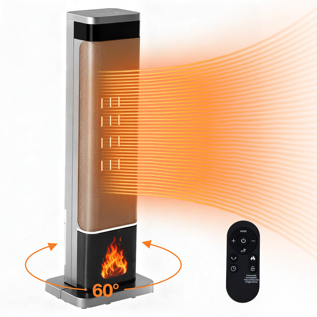 Airdown 24" Space Heater for Indoor, 1500W Electric Heater with Thermostat, Oscillating Room Heater with Timer, Remote Control, Flame Display and Safety Protection for Office Bedroom