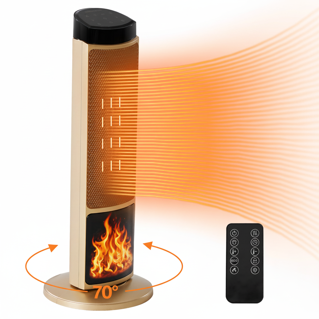 Airdown Space Heater, 24" Electric Heaters for Indoor Use with Thermostat and Remote, 70°Oscillation, 12H Timer, 1500W Fast Safety Heat and Flame Display for Office Bedroom Home