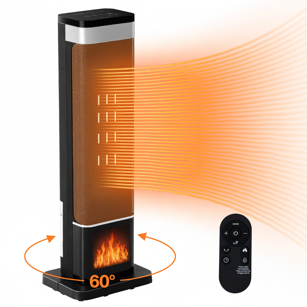 Airdown 24" Space Heater for Indoor, 1500W Electric Heater with Thermostat, Oscillating Room Heater with Timer, Remote Control, Flame Display and Safety Protection for Office Bedroom