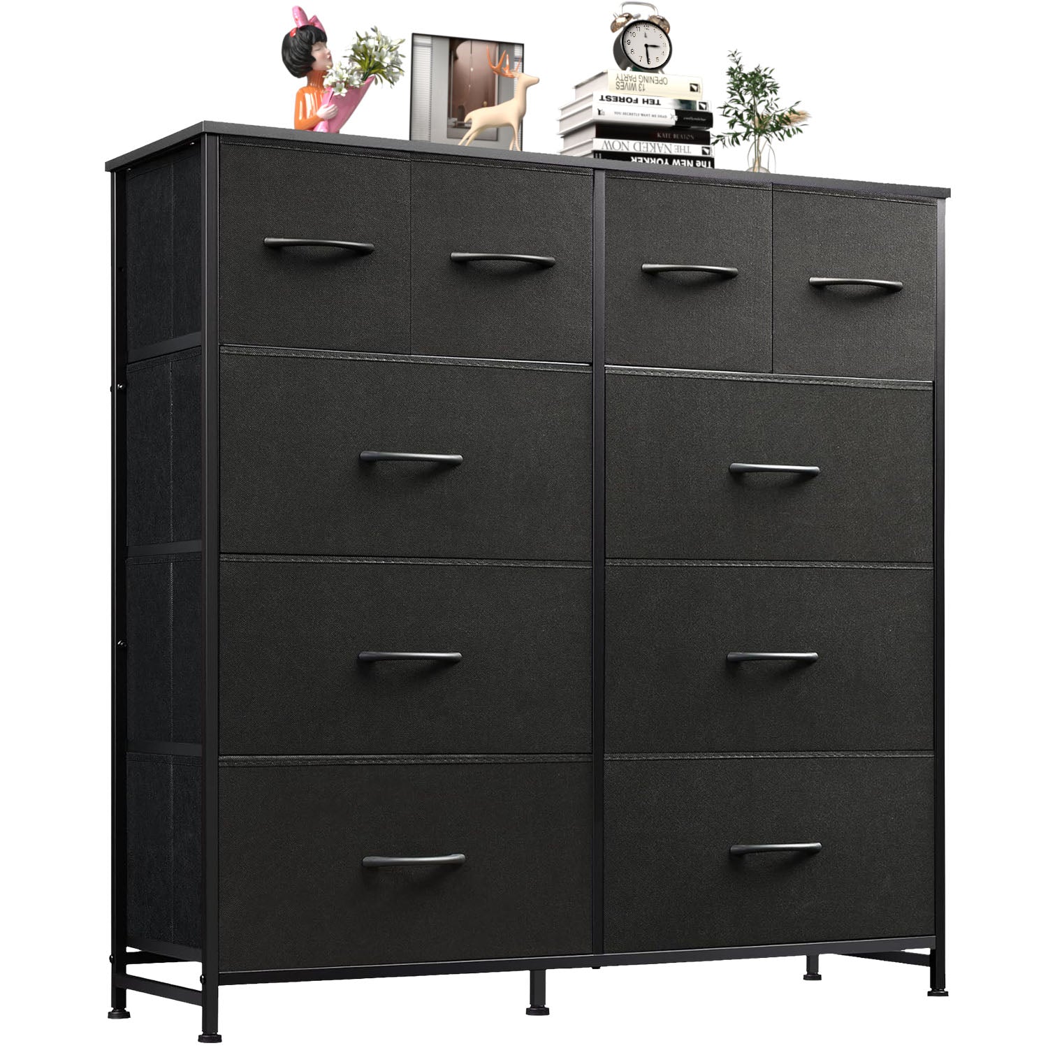 LIFERECORD 10 Drawers Dresser, Fabric Closet Chests Storage Organizer Tower with Wooden Top Metal Frame for Bedroom Living Room Hallway Entryway, Black