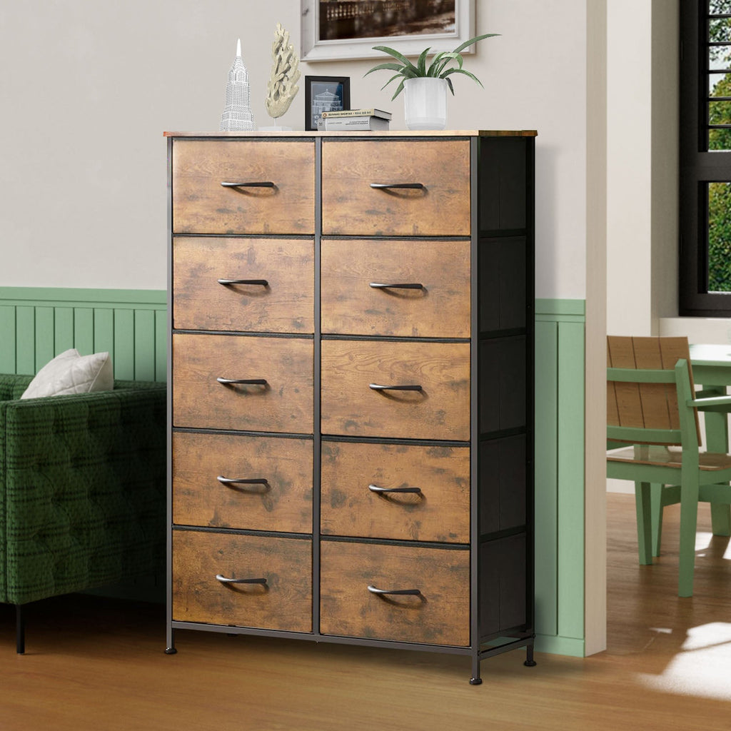 ACCVER 10-Drawer Fabric Dresser with Wood Top & Metal Frame, Closet and Chest for Bedroom, Clothes Storage Organizer, for Living Room, Apartment,Brown