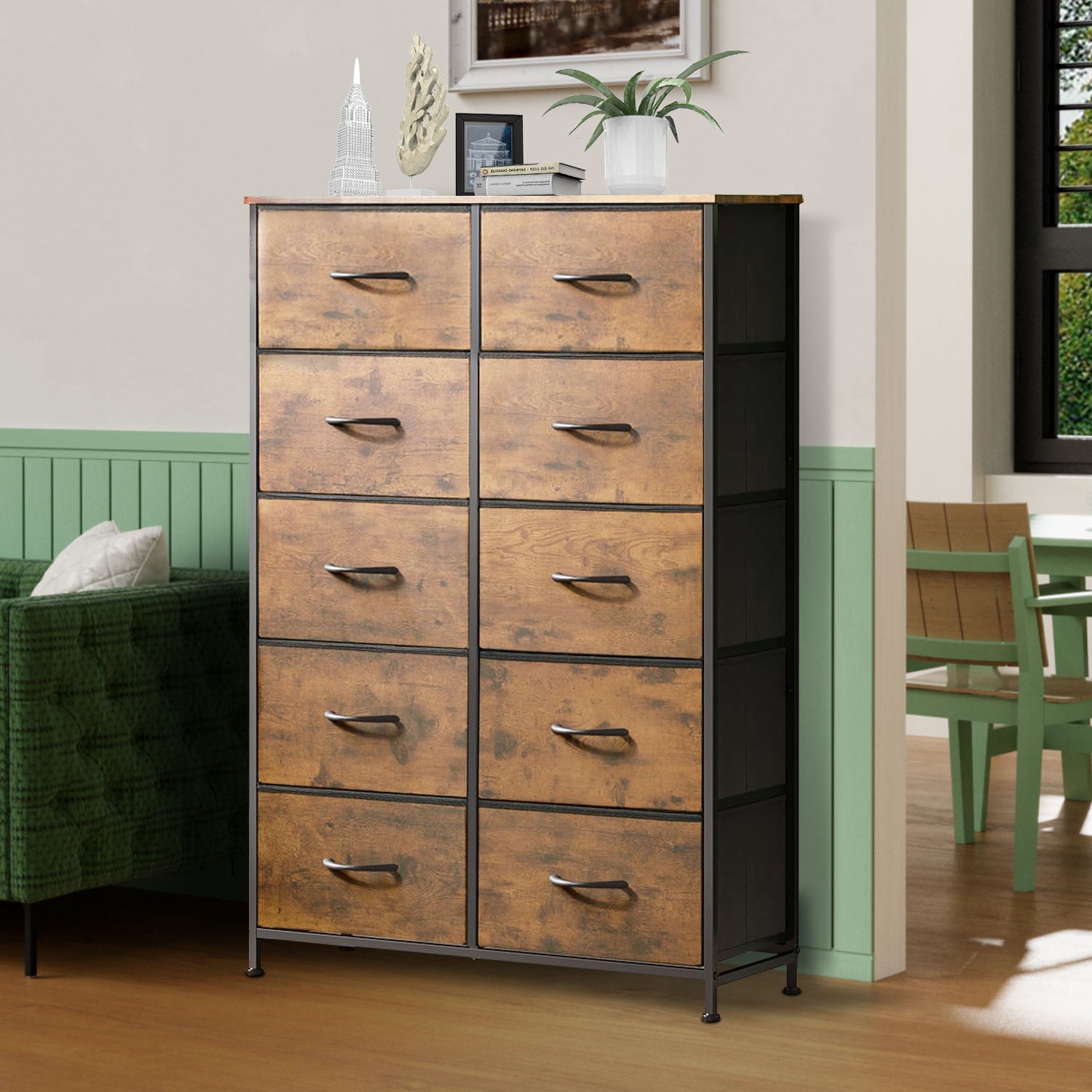 ACCVER 10-Drawer Fabric Dresser with Wood Top & Metal Frame, Closet and Chest for Bedroom, Clothes Storage Organizer, for Living Room, Apartment,Brown