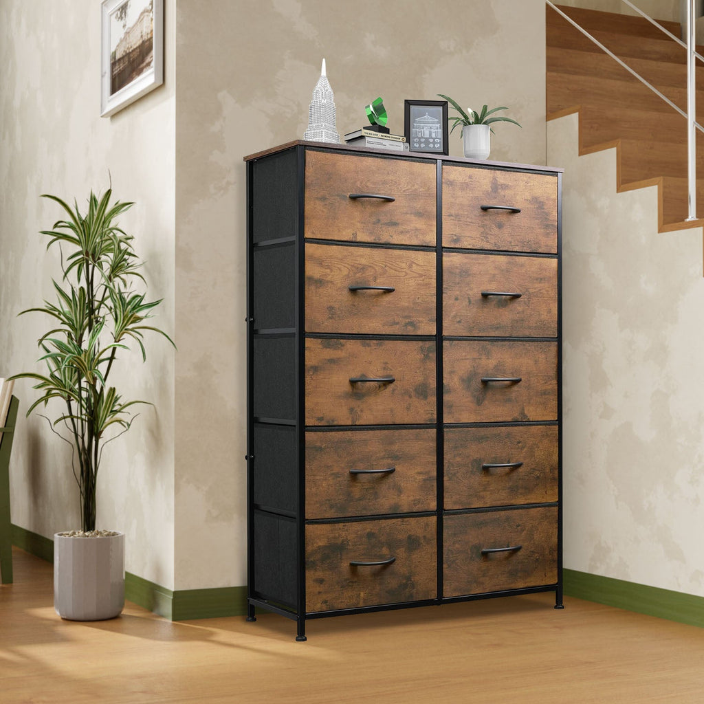 ACCVER 10-Drawer Fabric Dresser with Wood Top & Metal Frame, Closet and Chest for Bedroom, Clothes Storage Organizer, for Living Room, Apartment,Brown