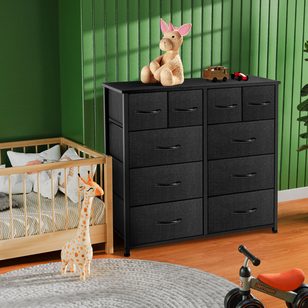 LIFERECORD 10 Drawers Dresser, Fabric Closet Chests Storage Organizer Tower with Wooden Top Metal Frame for Bedroom Living Room Hallway Entryway, Black