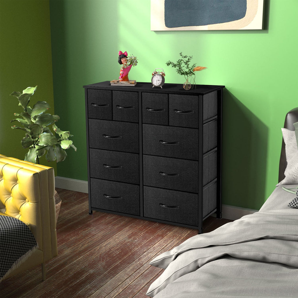 LIFERECORD 10 Drawers Dresser, Fabric Closet Chests Storage Organizer Tower with Wooden Top Metal Frame for Bedroom Living Room Hallway Entryway, Black