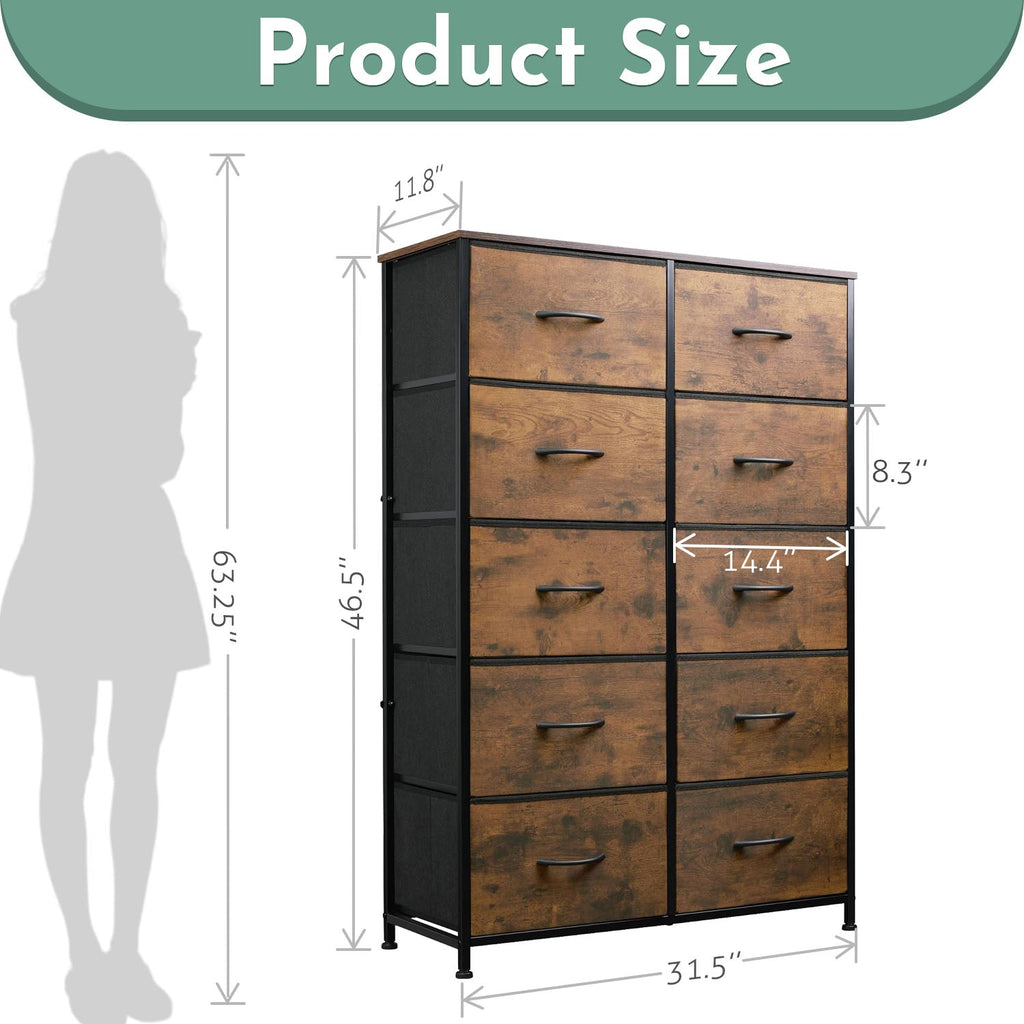 ACCVER 10-Drawer Fabric Dresser with Wood Top & Metal Frame, Closet and Chest for Bedroom, Clothes Storage Organizer, for Living Room, Apartment,Brown