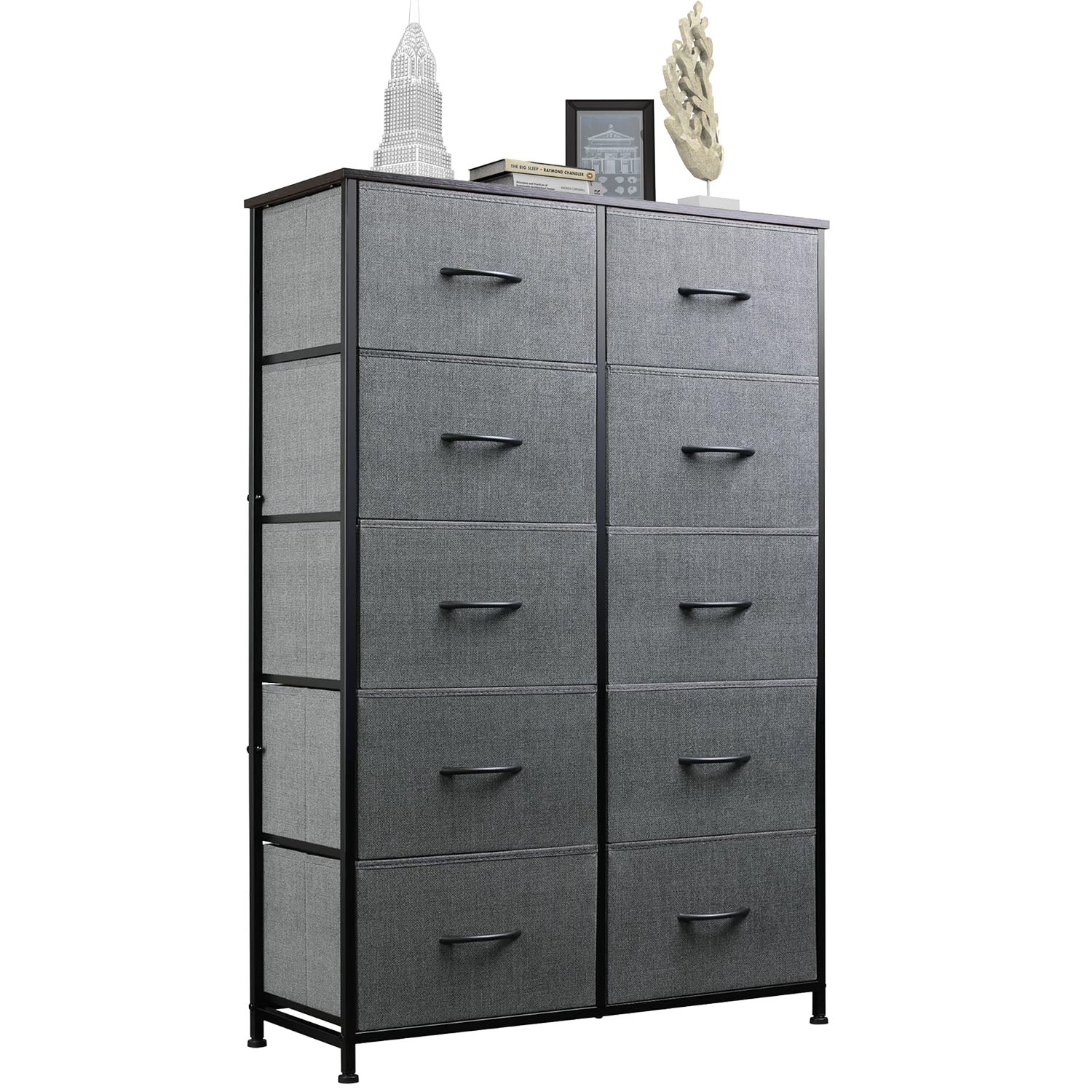 ACCVER 10-Drawer Fabric Dresser with Wood Top & Metal Frame, Closet and Chest for Bedroom, Clothes Storage Organizer, for Living Room, Apartment,Grey