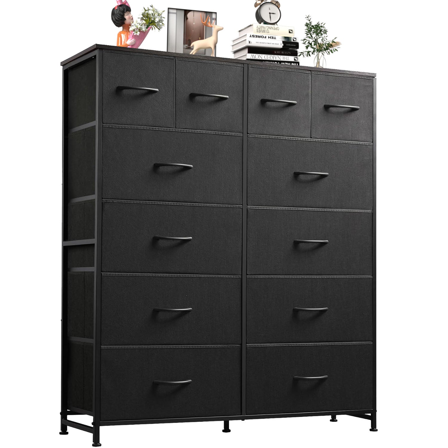 LIFERECORD 12 Drawers Dresser, Fabric Closet Chests Storage Organizer Tower with Wooden Top Metal Frame for Bedroom Living Room Hallway Entryway, Black