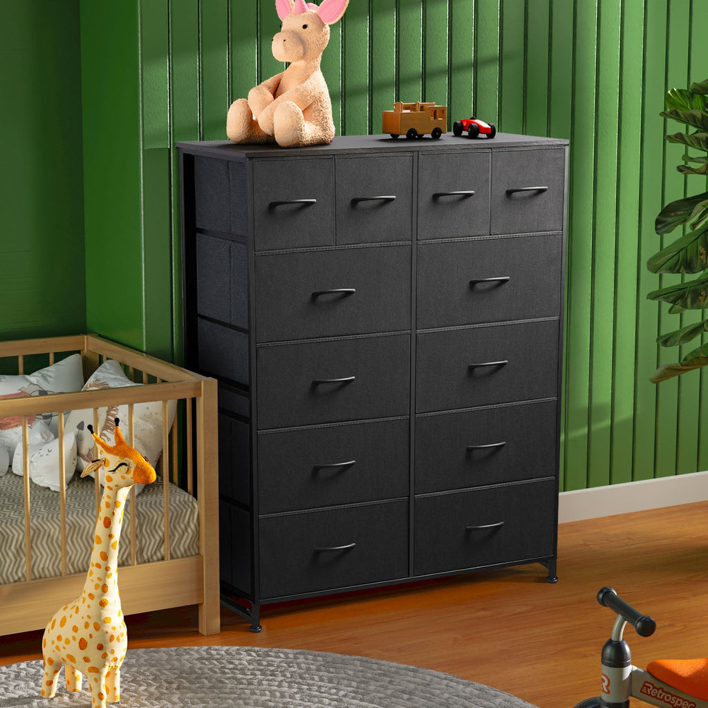 LIFERECORD 12 Drawers Dresser, Fabric Closet Chests Storage Organizer Tower with Wooden Top Metal Frame for Bedroom Living Room Hallway Entryway, Black