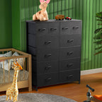 LIFERECORD 12 Drawers Dresser, Fabric Closet Chests Storage Organizer Tower with Wooden Top Metal Frame for Bedroom Living Room Hallway Entryway, Black