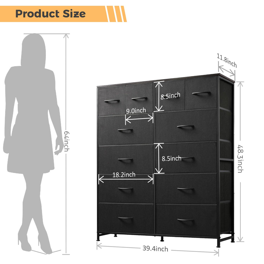 LIFERECORD 12 Drawers Dresser, Fabric Closet Chests Storage Organizer Tower with Wooden Top Metal Frame for Bedroom Living Room Hallway Entryway, Black