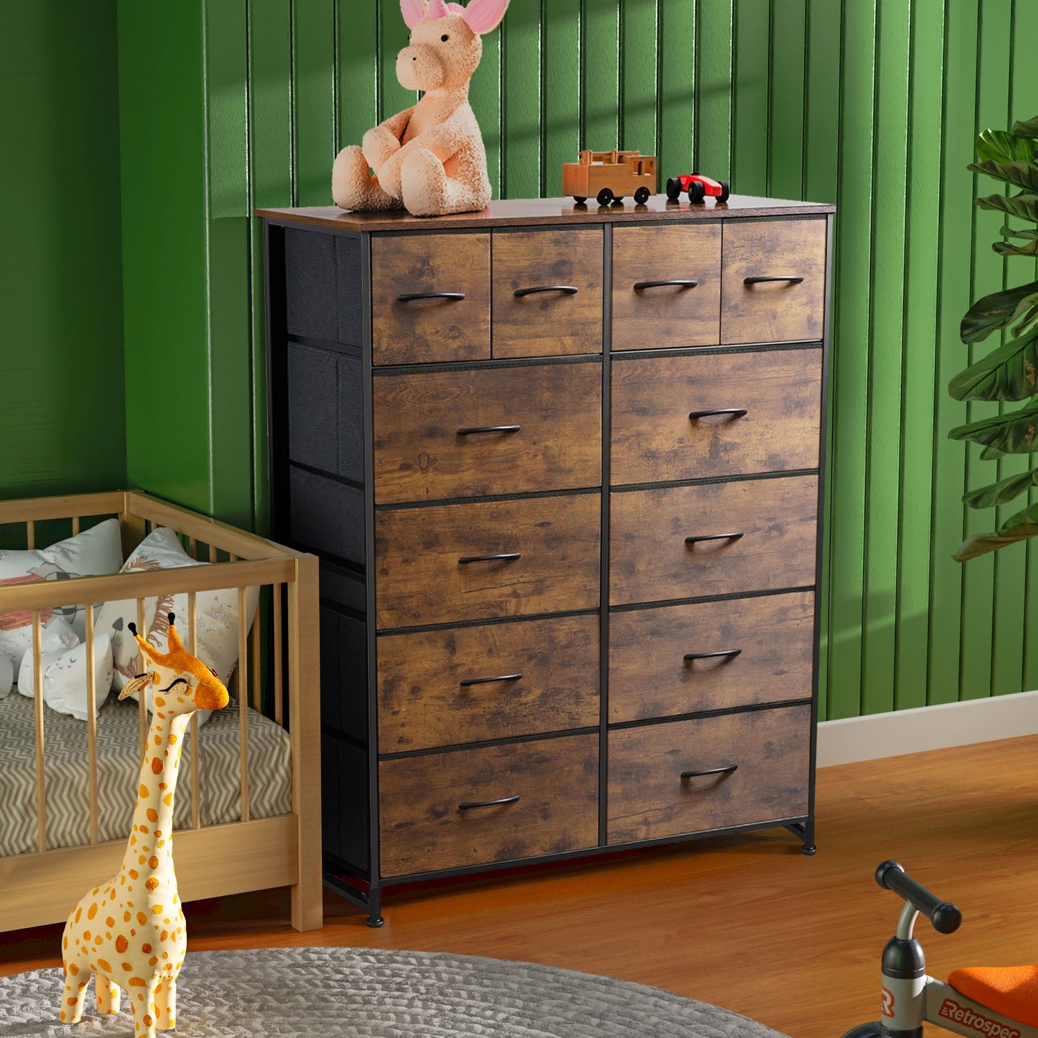 LIFERECORD 12 Drawers Dresser, Fabric Closet Chests Storage Organizer Tower with Wooden Top Metal Frame for Bedroom Living Room Hallway Entryway, Brown