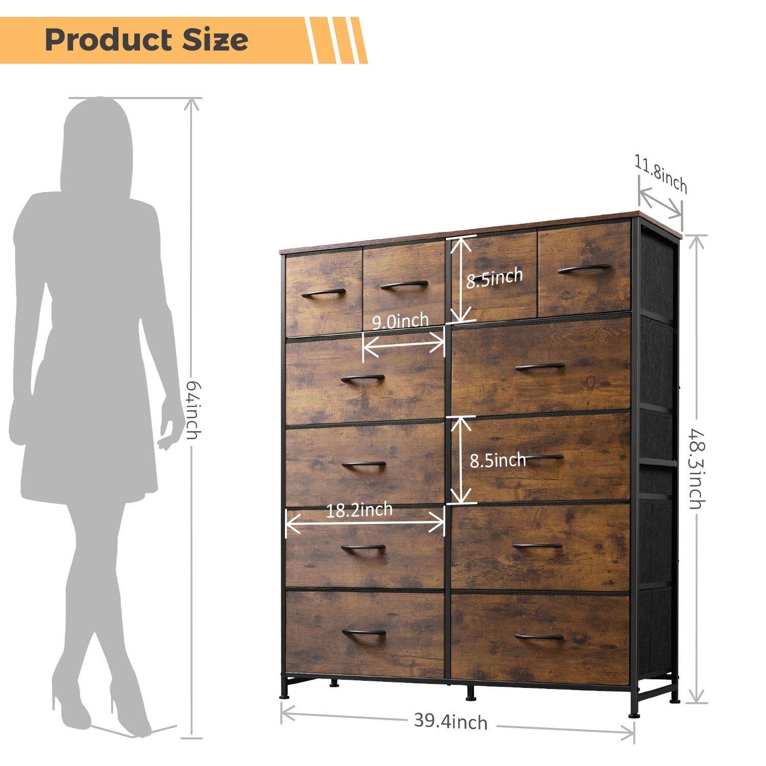 LIFERECORD 12 Drawers Dresser, Fabric Closet Chests Storage Organizer Tower with Wooden Top Metal Frame for Bedroom Living Room Hallway Entryway, Brown