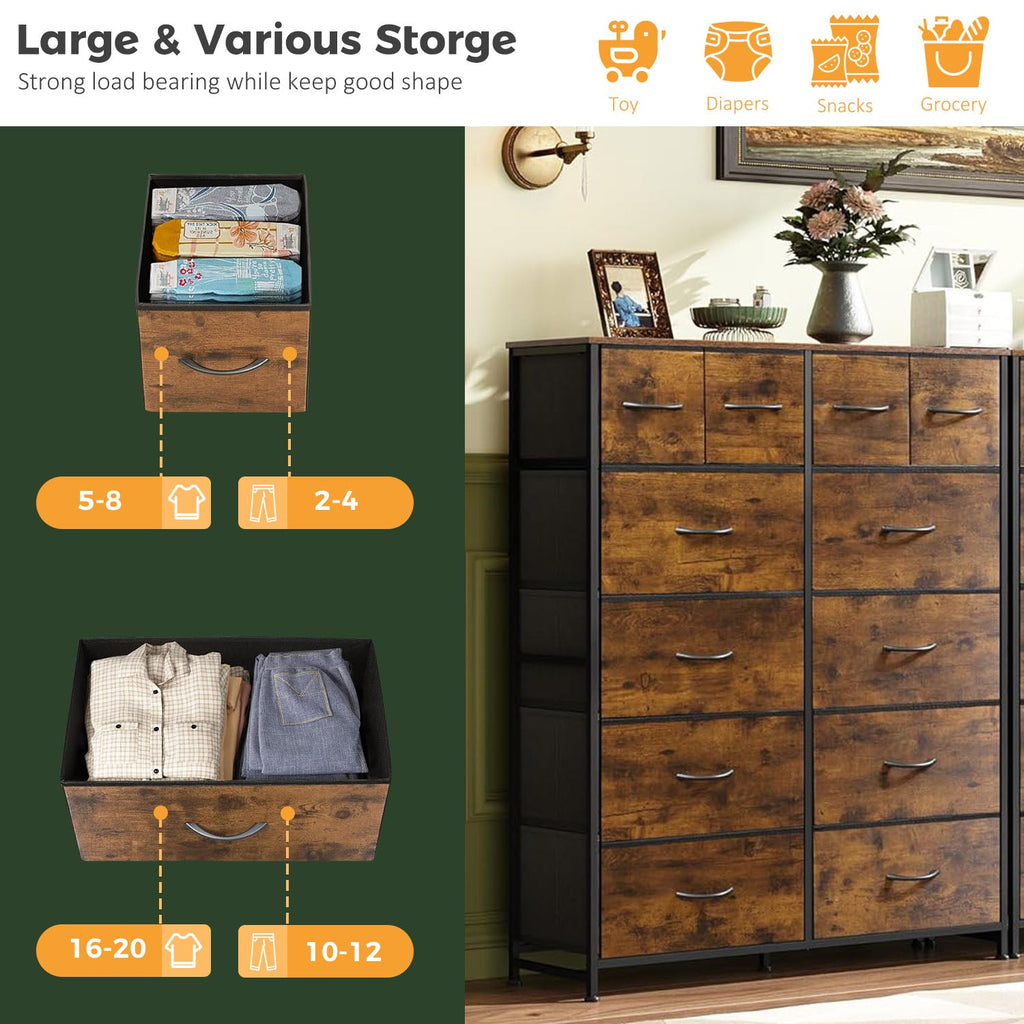 LIFERECORD 12 Drawers Dresser, Fabric Closet Chests Storage Organizer Tower with Wooden Top Metal Frame for Bedroom Living Room Hallway Entryway, Brown