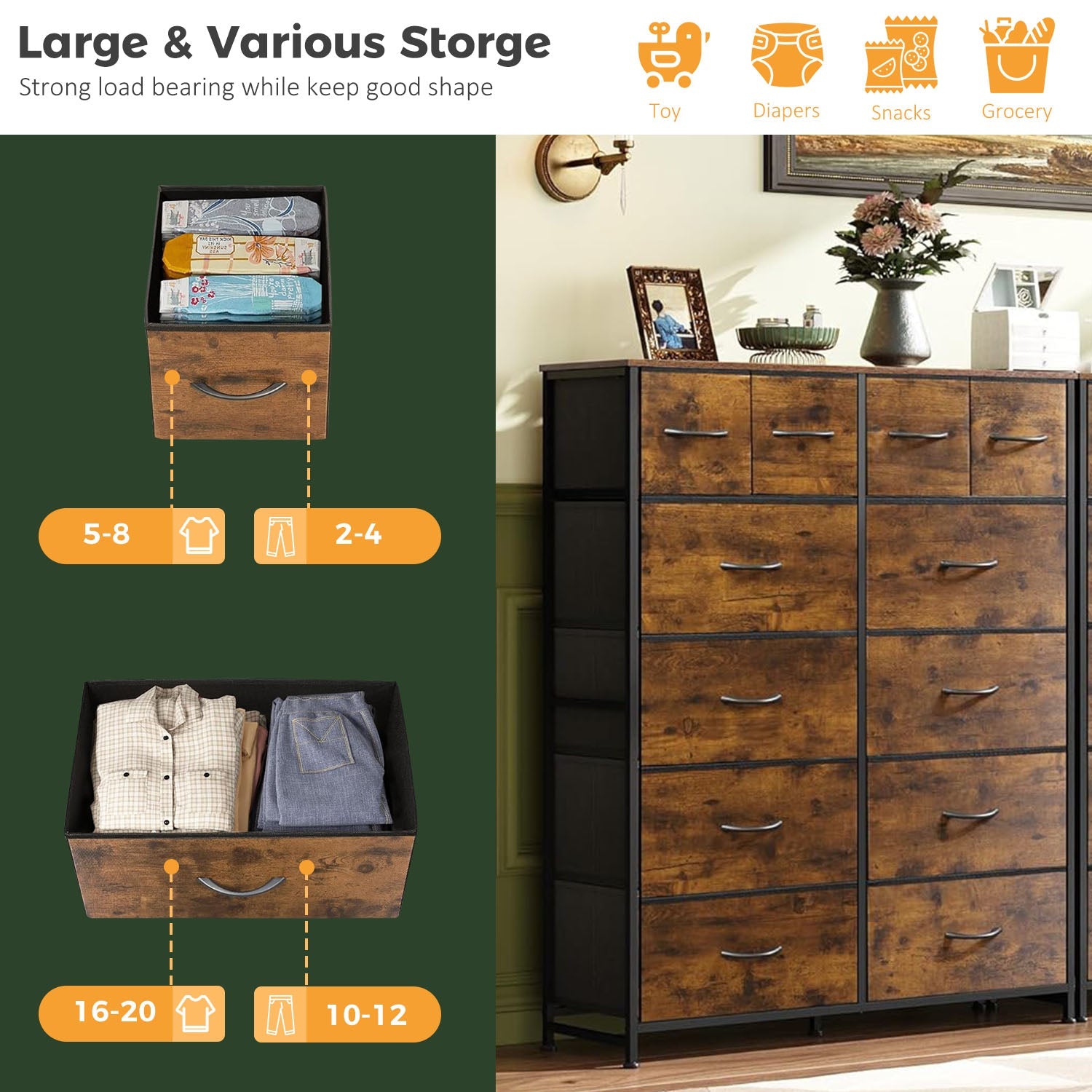 LIFERECORD 12 Drawers Dresser, Fabric Closet Chests Storage Organizer Tower with Wooden Top Metal Frame for Bedroom Living Room Hallway Entryway, Brown