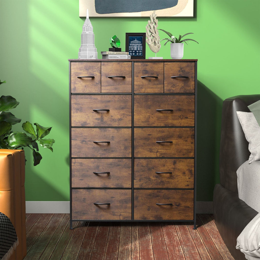 LIFERECORD 12 Drawers Dresser, Fabric Closet Chests Storage Organizer Tower with Wooden Top Metal Frame for Bedroom Living Room Hallway Entryway, Brown