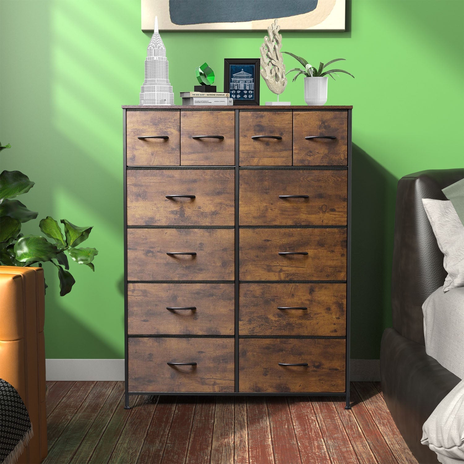 LIFERECORD 12 Drawers Dresser, Fabric Closet Chests Storage Organizer Tower with Wooden Top Metal Frame for Bedroom Living Room Hallway Entryway, Brown