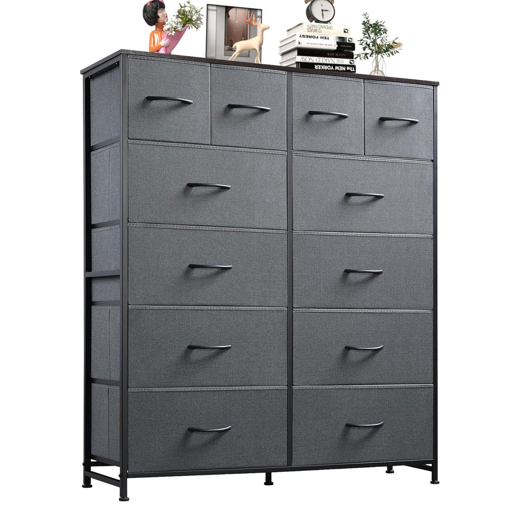 LIFERECORD 12 Drawers Dresser, Fabric Closet Chests Storage Organizer Tower with Wooden Top Metal Frame for Bedroom Living Room Hallway Entryway, Grey