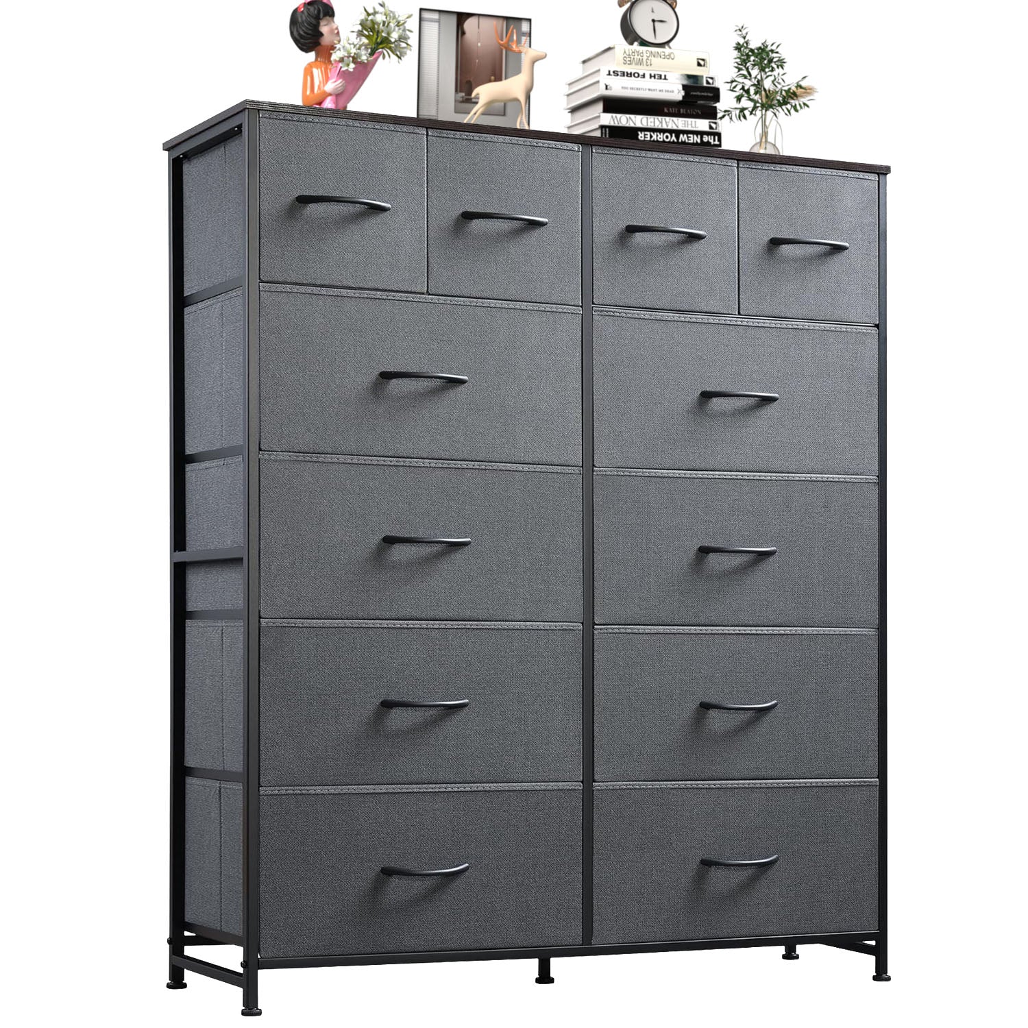 LIFERECORD 12 Drawers Dresser, Fabric Closet Chests Storage Organizer Tower with Wooden Top Metal Frame for Bedroom Living Room Hallway Entryway, Grey