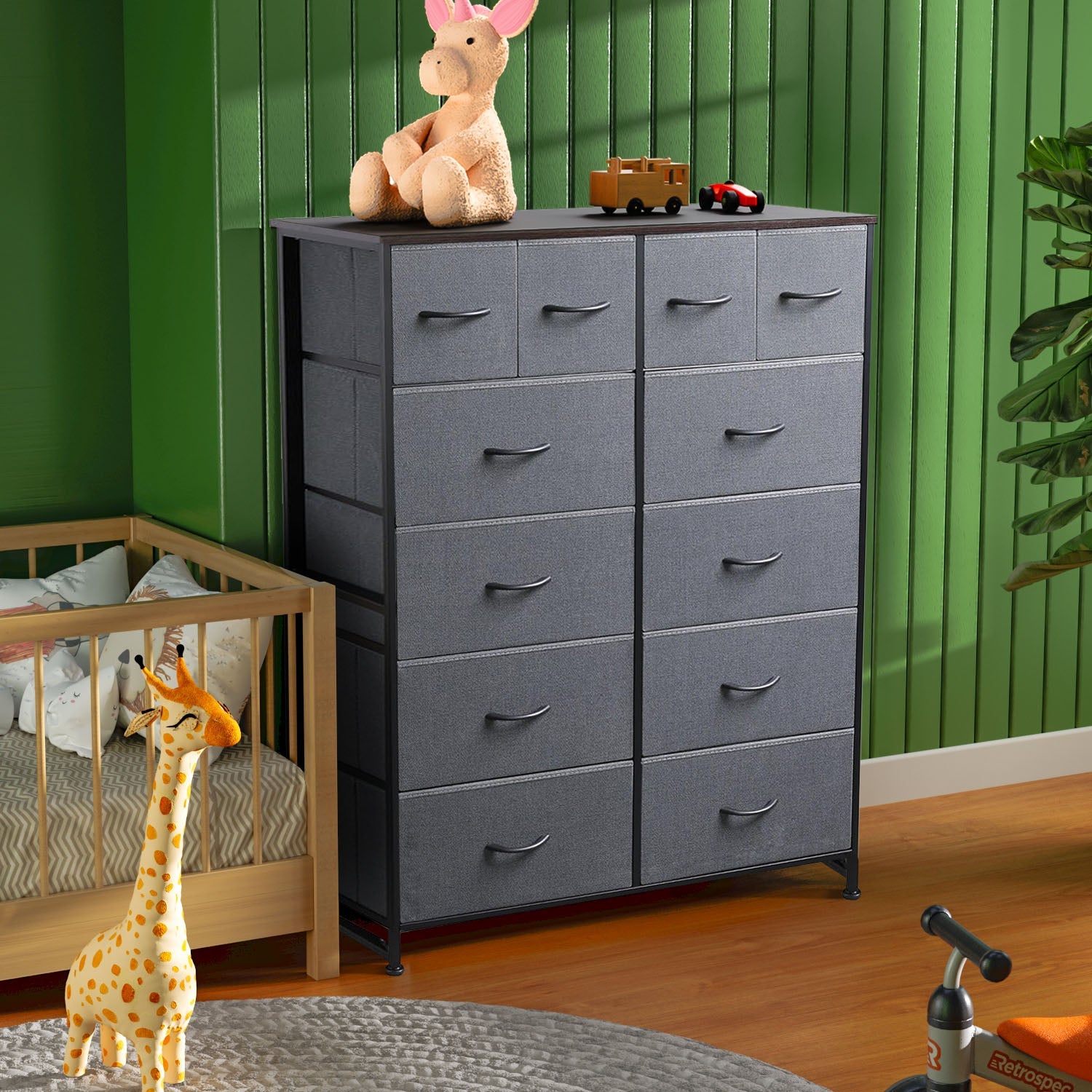 LIFERECORD 12 Drawers Dresser, Fabric Closet Chests Storage Organizer Tower with Wooden Top Metal Frame for Bedroom Living Room Hallway Entryway, Grey