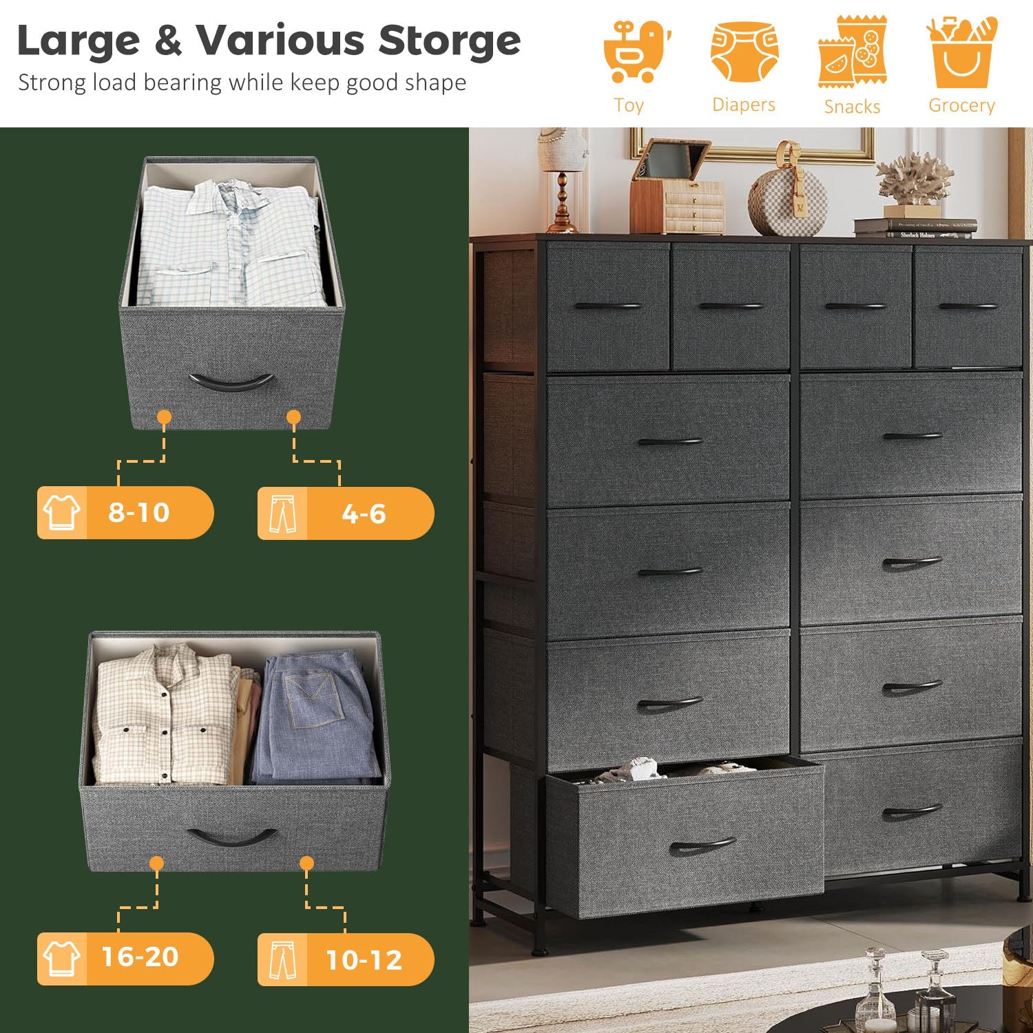 LIFERECORD 12 Drawers Dresser, Fabric Closet Chests Storage Organizer Tower with Wooden Top Metal Frame for Bedroom Living Room Hallway Entryway, Grey