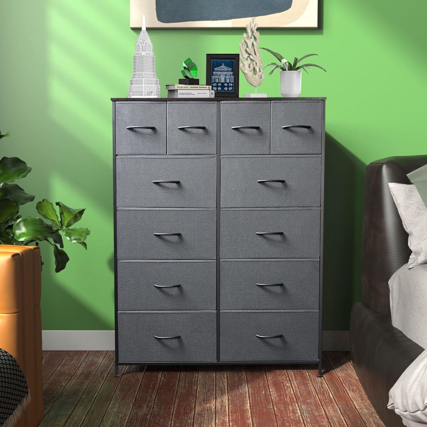 LIFERECORD 12 Drawers Dresser, Fabric Closet Chests Storage Organizer Tower with Wooden Top Metal Frame for Bedroom Living Room Hallway Entryway, Grey