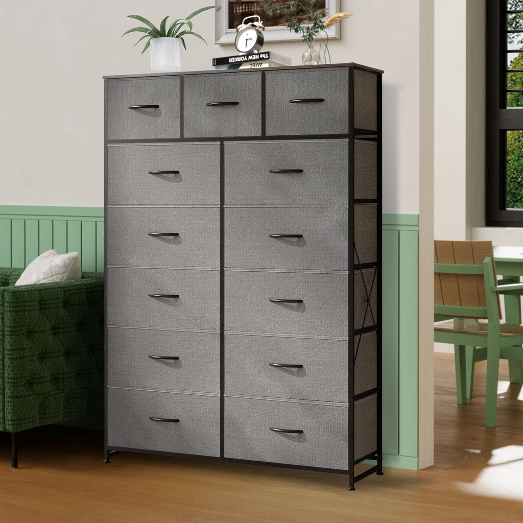 ACCVER 13-Drawer Fabric Dresser with Wood Top & Metal Frame, Closet and Chest for Bedroom, Clothes Storage Organizer, for Living Room, Apartment,Grey