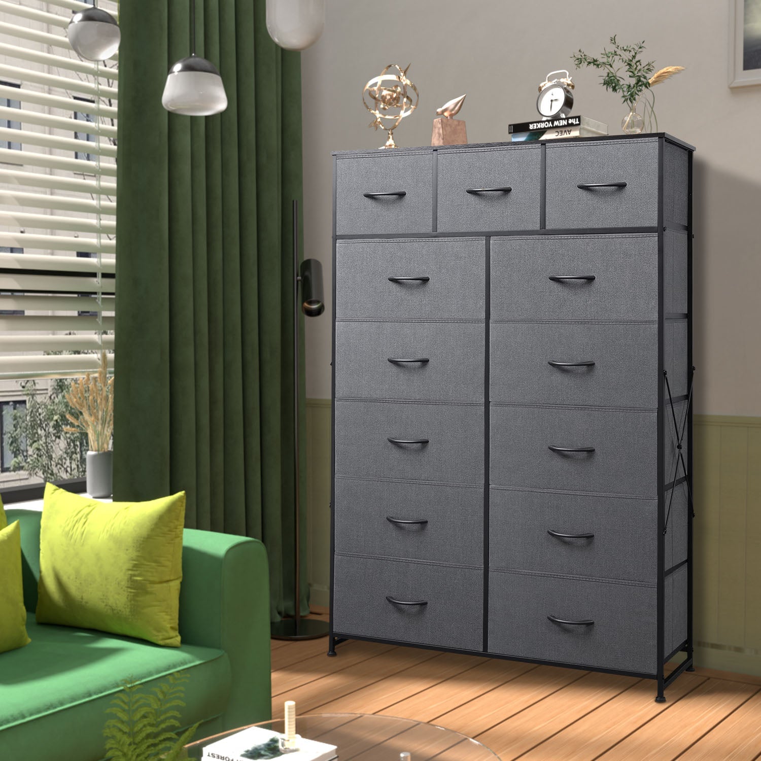 ACCVER 13-Drawer Fabric Dresser with Wood Top & Metal Frame, Closet and Chest for Bedroom, Clothes Storage Organizer, for Living Room, Apartment,Grey