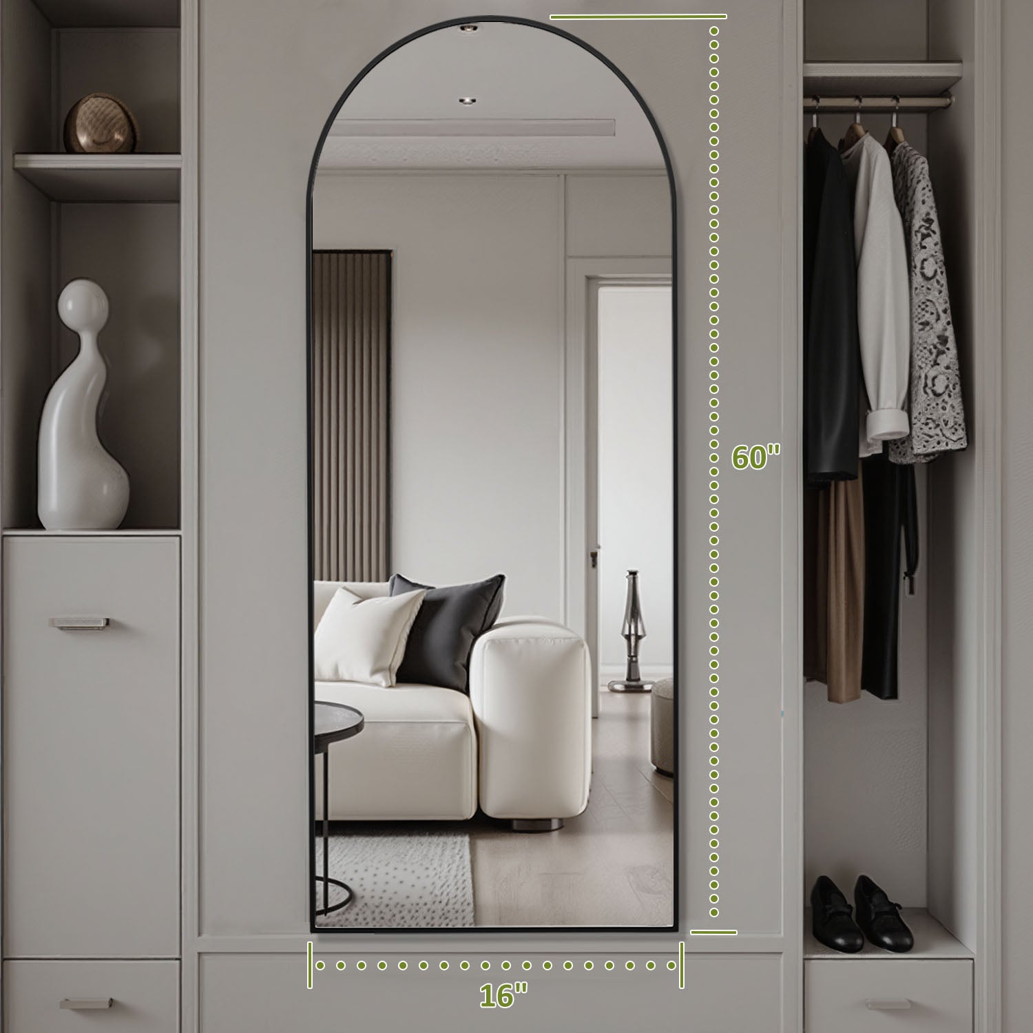 ACCVER 16"x60" Full Length Mirror - Classic Standing Mirror, Durable Aluminum Frame & Tempered Glass, Lean-to or Wall Mount for Bedroom/Dressing Room/Living Room, Arhced, Black