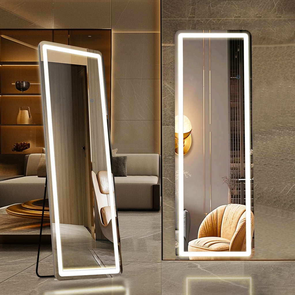 ACCVER 16"x60" Full Length Standing Mirror w/LED Lights - 3 Color Modes, Durable Aluminum Frame & Tempered Glass, Lean-to or Wall Mount for Bedroom/Dressing Room/Living Room, Rectangle
