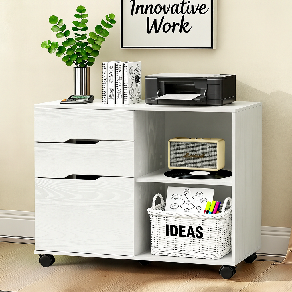 LIFERECORD 3-Drawer Lateral File Cabinet with Wheels, Mobile Rolling File Cabinet with Adjustable Shelf, Printer Stand for Home Office, Under Desk Storage Organizer, Wood Filing Cabinet White