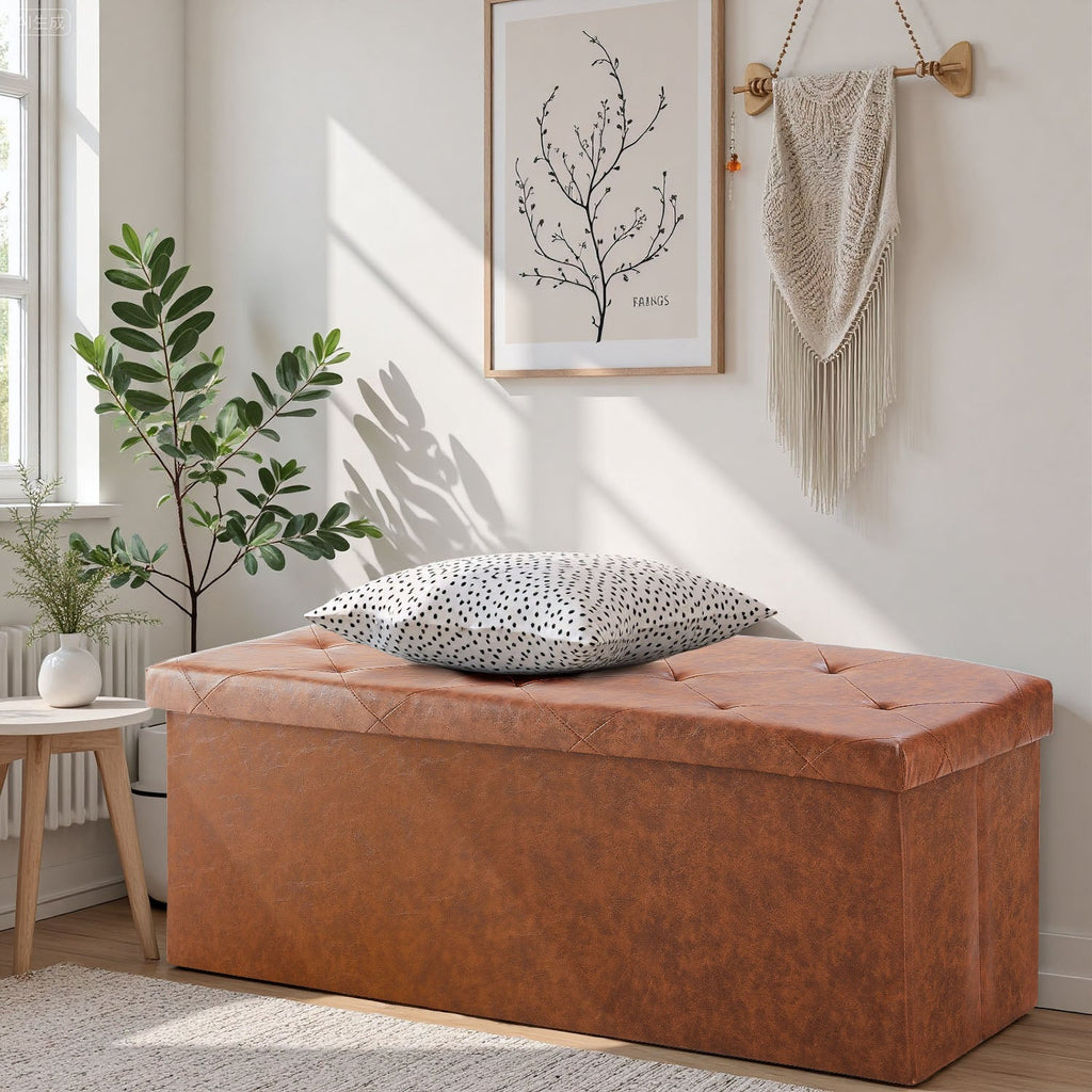 ACCVER 43" Storage Bench - Faux Leather Foldable Ottoman Upholstered Entryway Bench, 660lbs Large End of Bed Bench with Storage Chest for Bedroom, Living Room, Brown