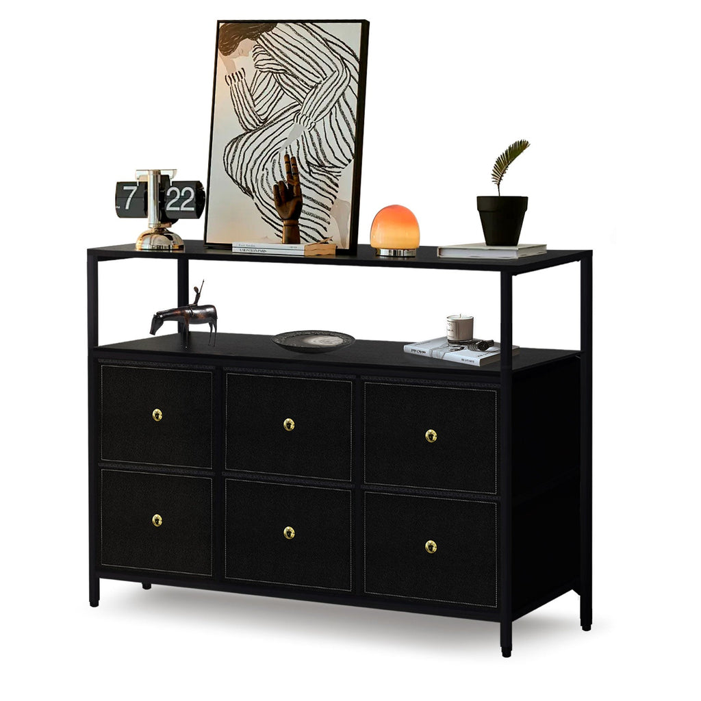 ACCVER 6-Drawer Dresser with Shelves, TV Stand with Fabric Drawers for Living Room, Closet and Chest for Bedroom & Apartment, Clothes Storage Organizer, Black
