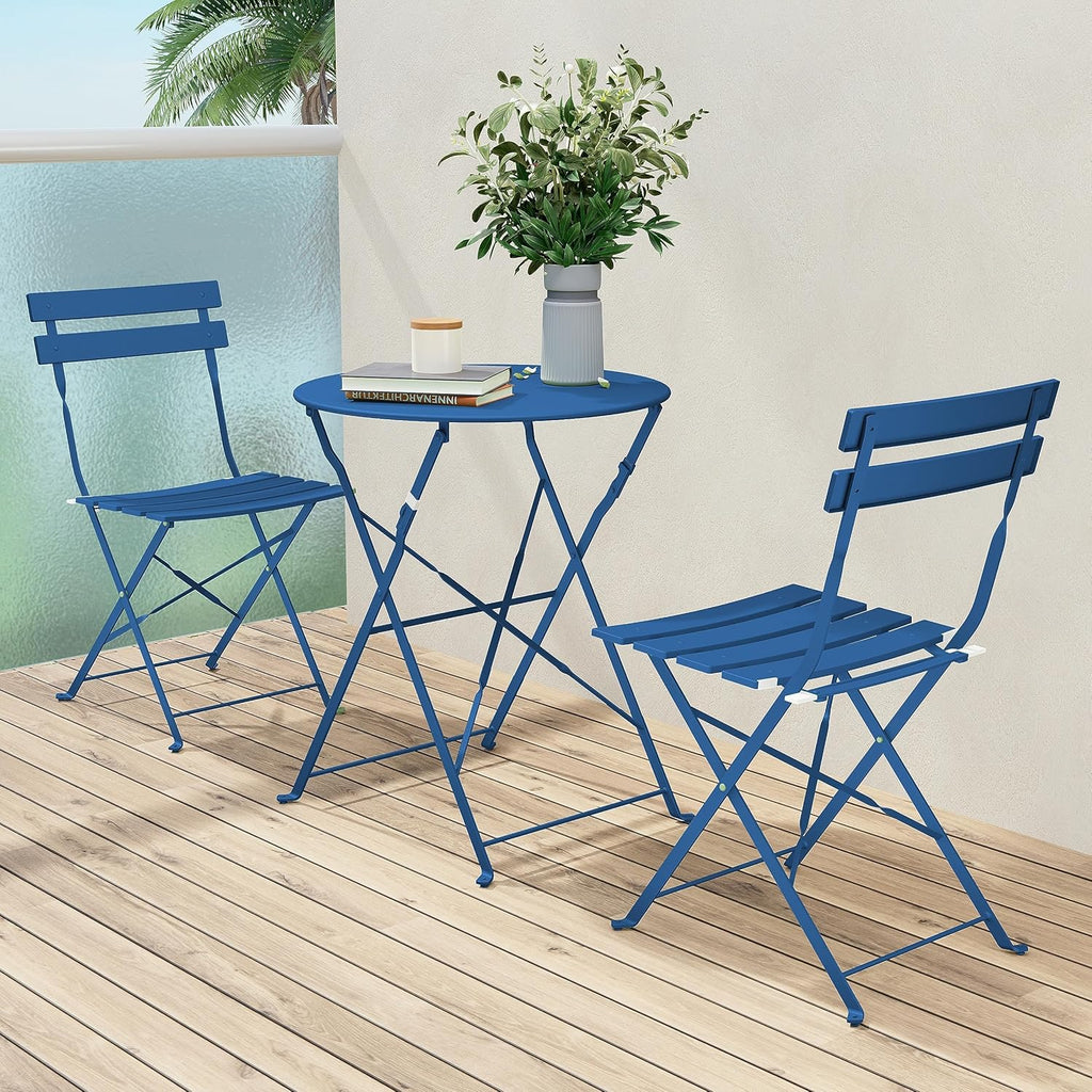 3-Piece Folding Bistro Set, 2 Chairs and 1 Table, Weather-Resistant Outdoor Indoor Conversation Set for Patio, Yard, Blue
