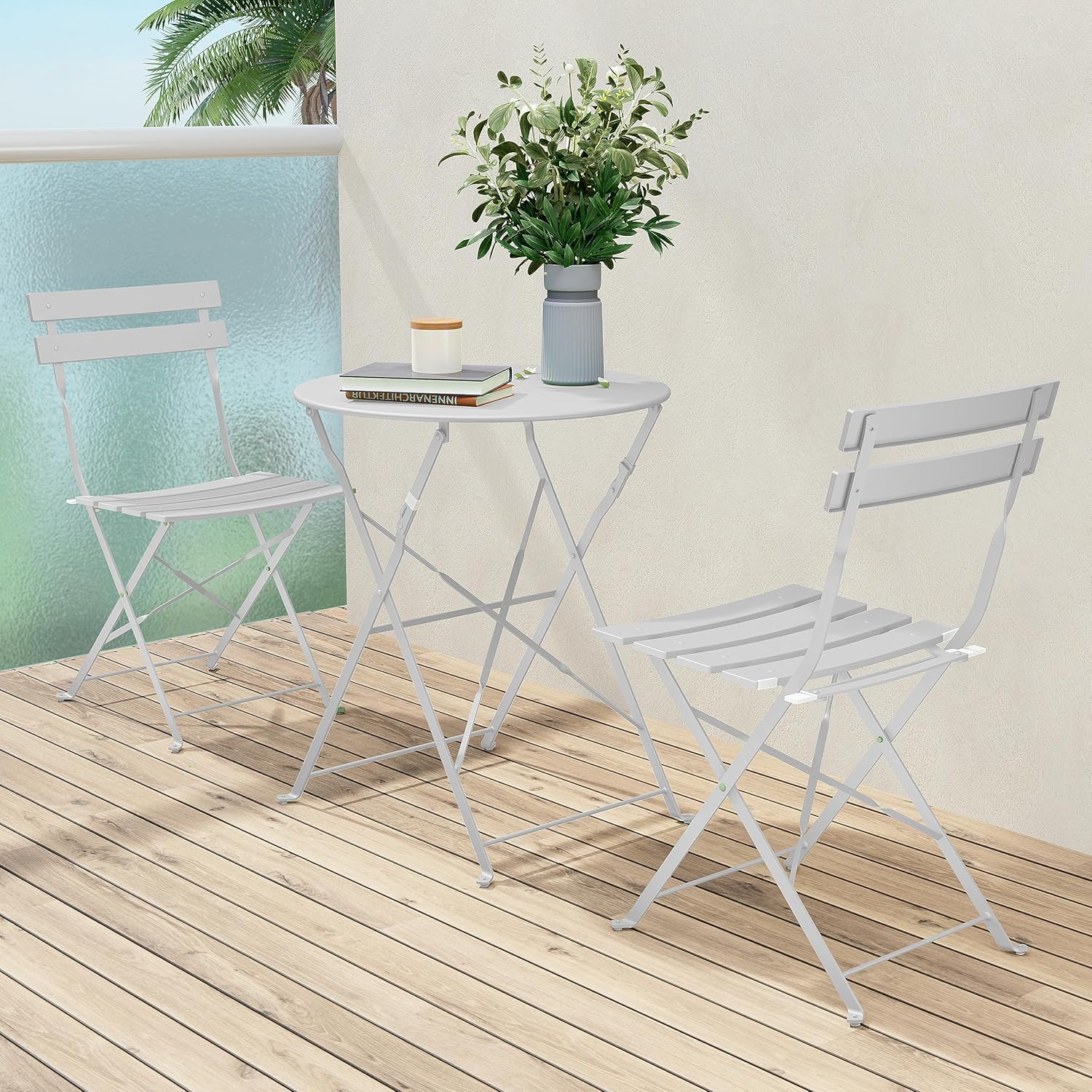 3-Piece Folding Bistro Set, 2 Chairs and 1 Table, Weather-Resistant Outdoor Indoor Conversation Set for Patio, Yard, White