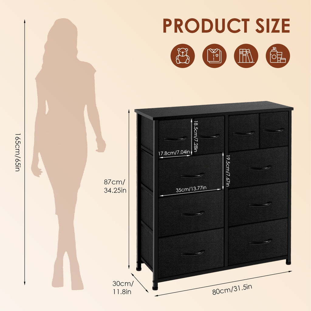 ACCVER Dresser for Bedroom 10 Storage drawer, Fabric Closet Chests Organizer Tower with Wooden Top Metal Frame for Living Room Hallway Entryway