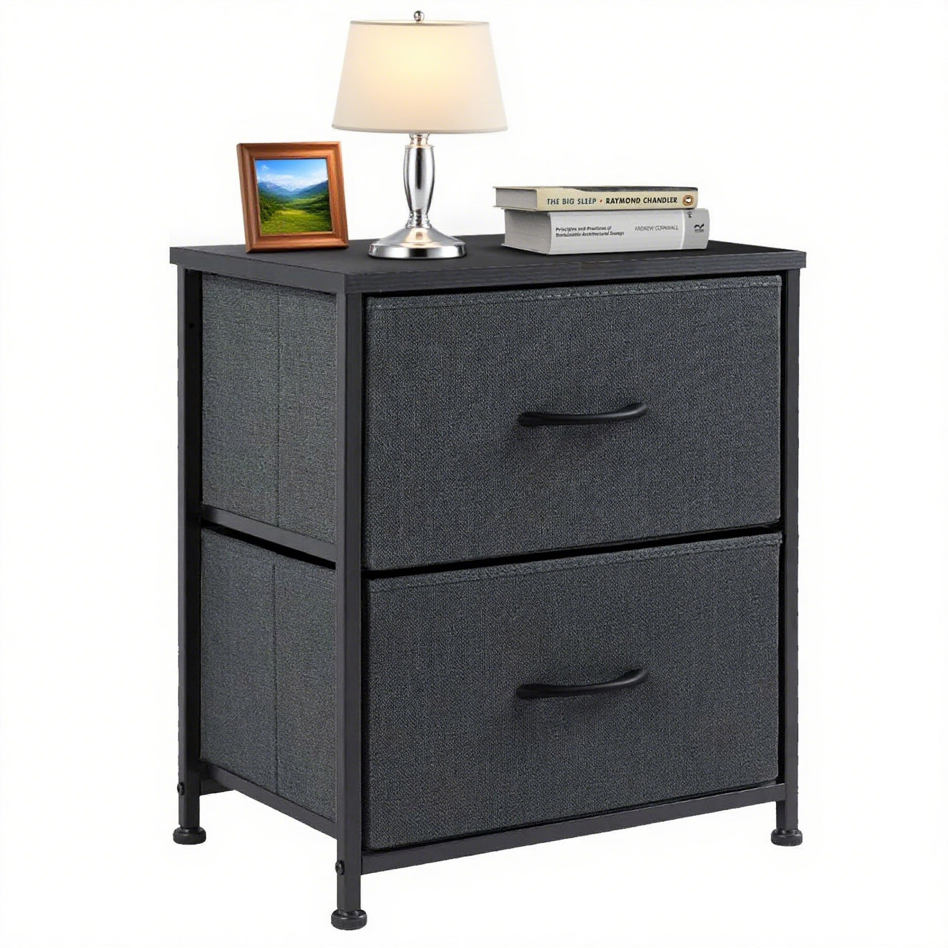 ACCVER 20-inch Tall Nightstand with 2 Fabric Drawers, Small Bedside Dresser for Bedroom, Closet, Dorm, Compact Storage Furniture with Wooden Top, Grey