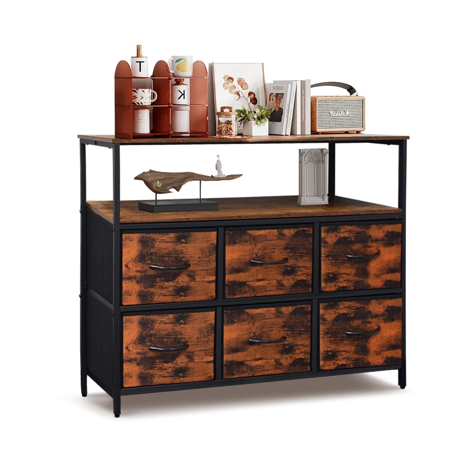ACCVER 6-Drawer Dresser with Shelves, TV Stand with Fabric Drawers for Living Room, Closet and Chest for Bedroom & Apartment, Clothes Storage Organizer, Brown