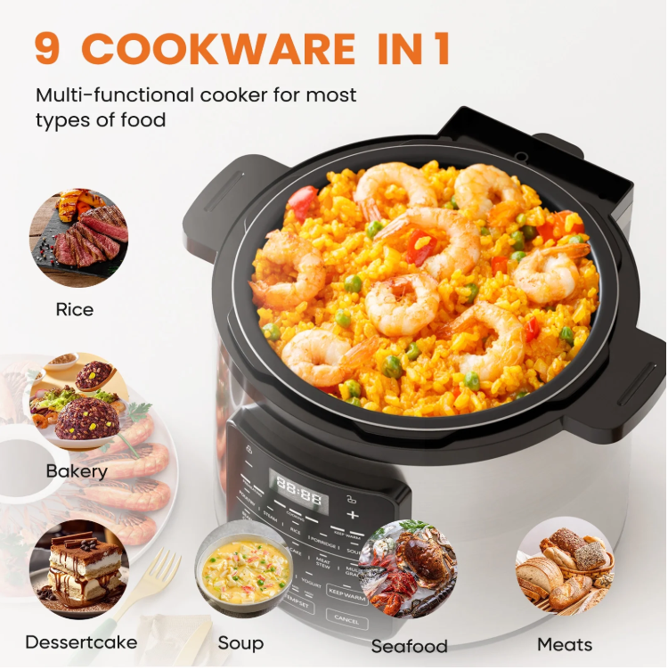 LIFERECORD Electric Pressure Cooker 6 Quart, 9-in-1 Multi Cooker with Stainless Steel Housing, Smart Slow Cooker, Rice Cooker, Steamer & Yogurt Maker for Family Meals