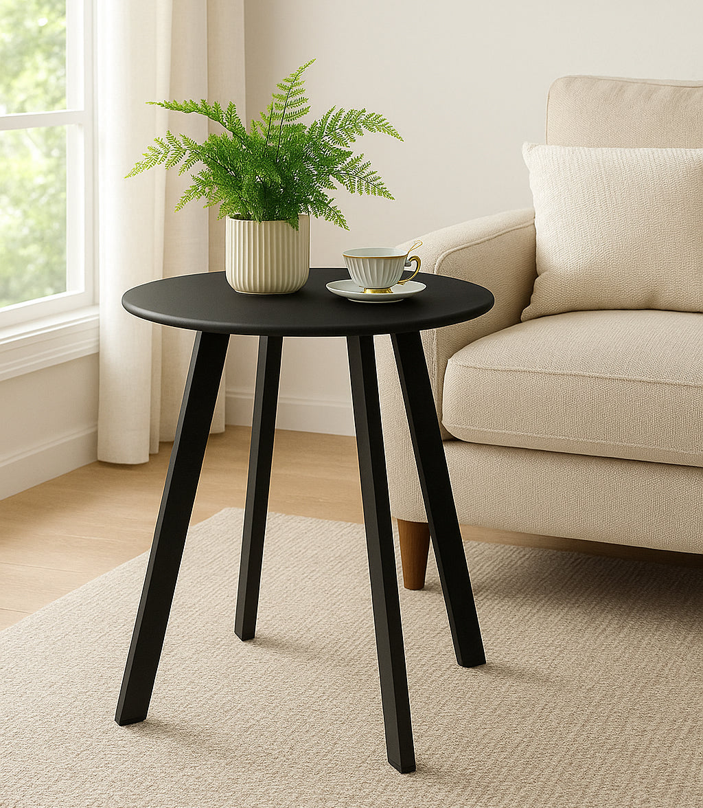 LIFERECORD Small Side Table – Indoor & Outdoor Steel Powder Coated Round Patio Table with Square Legs for Patio, Living Room, Bedroom, Black