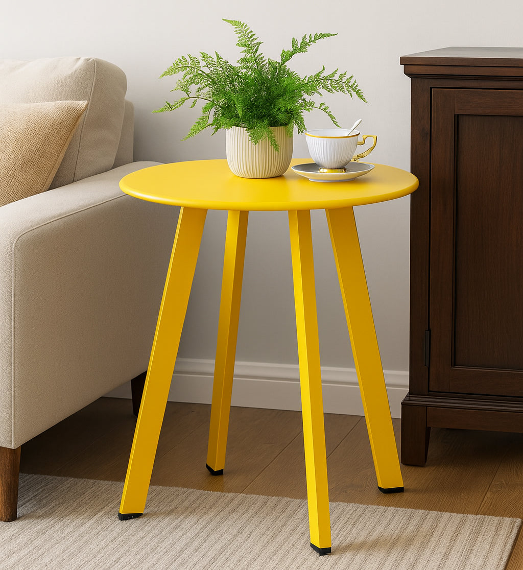 LIFERECORD Small Side Table – Indoor & Outdoor Steel Powder Coated Round Patio Table with Square Legs for Patio, Living Room, Bedroom, Yellow
