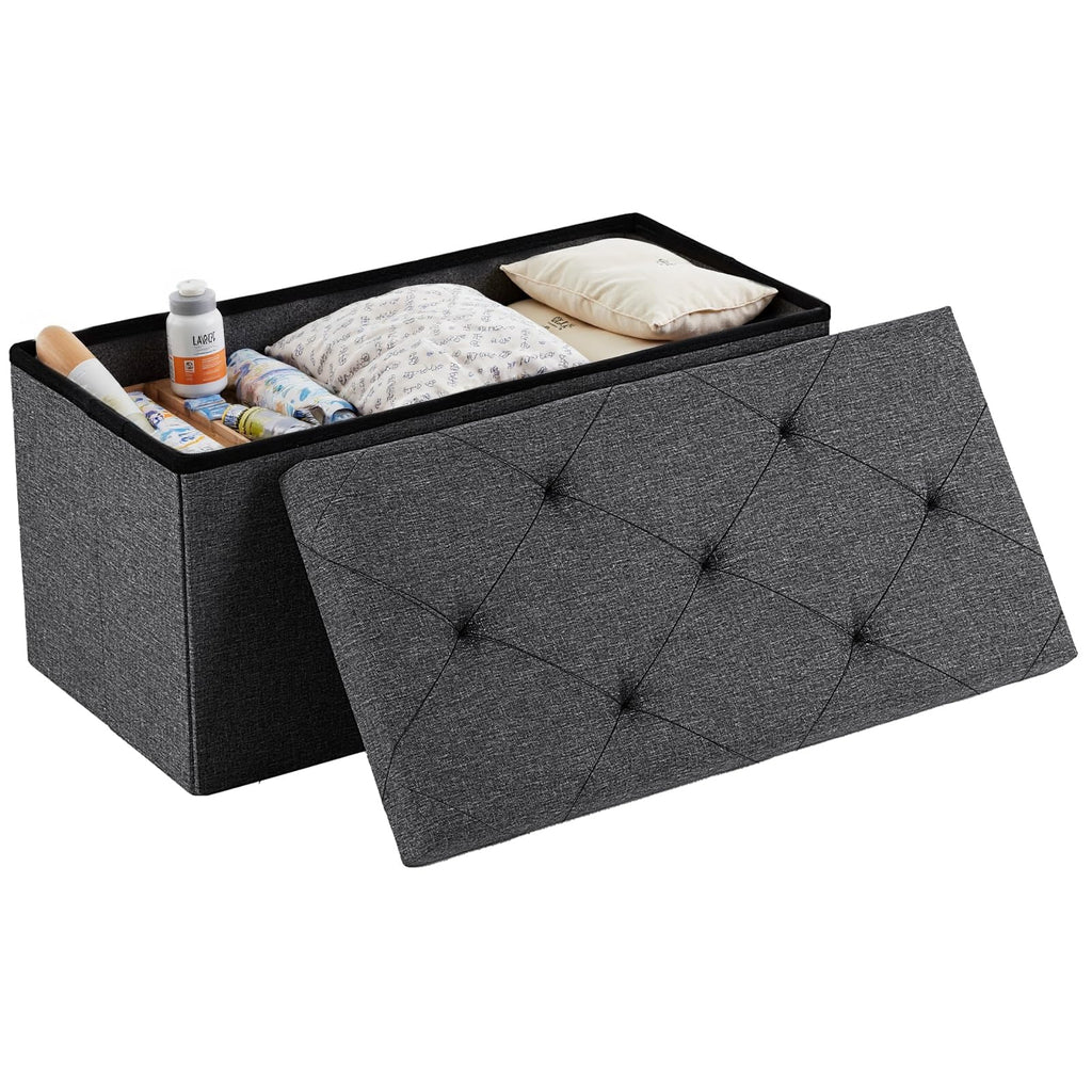 ACCVER 30 Inches Foldable Storage Ottoman Bench - 660lbs Large Padded Seat Foot Rest w/ 154L Storage Chest, for Bedroom, Living Room & Entryway, Linen Grey