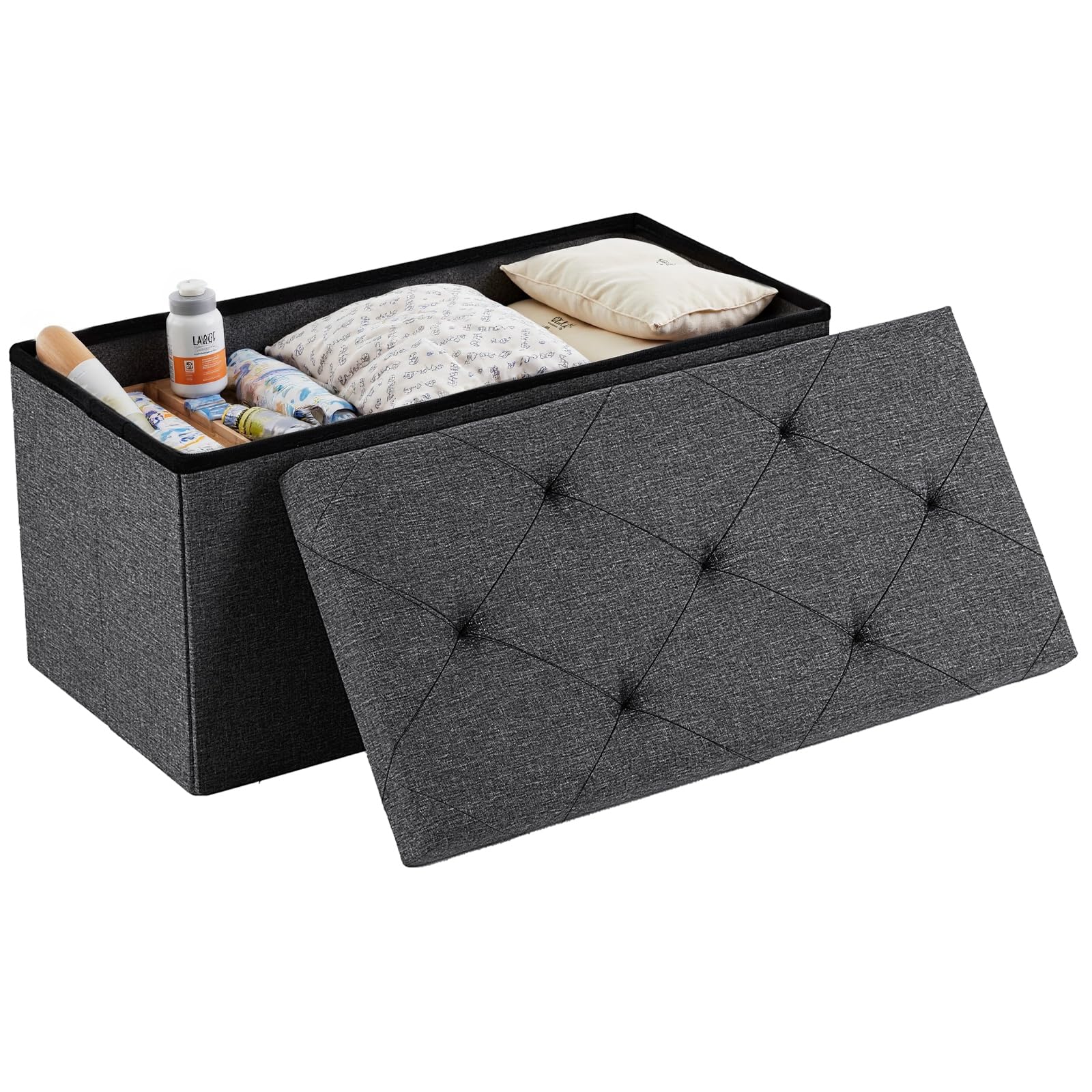 ACCVER 30 Inches Foldable Storage Ottoman Bench - 660lbs Large Padded Seat Foot Rest w/ 154L Storage Chest, for Bedroom, Living Room & Entryway, Linen Grey