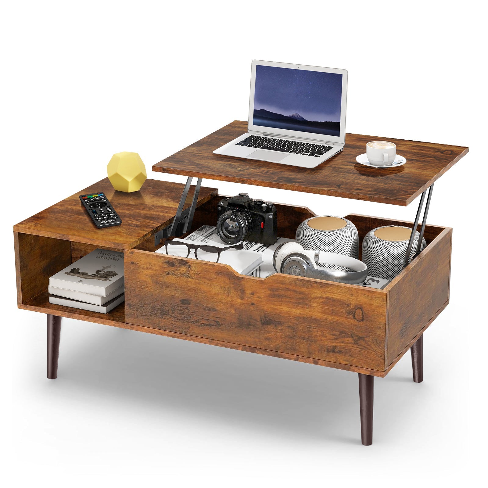 LIFERECORD Lift Top Coffee Table with Hidden Compartment, Wooden Center Tables with Storage Shelf for Living Room, Reception Room, Brown