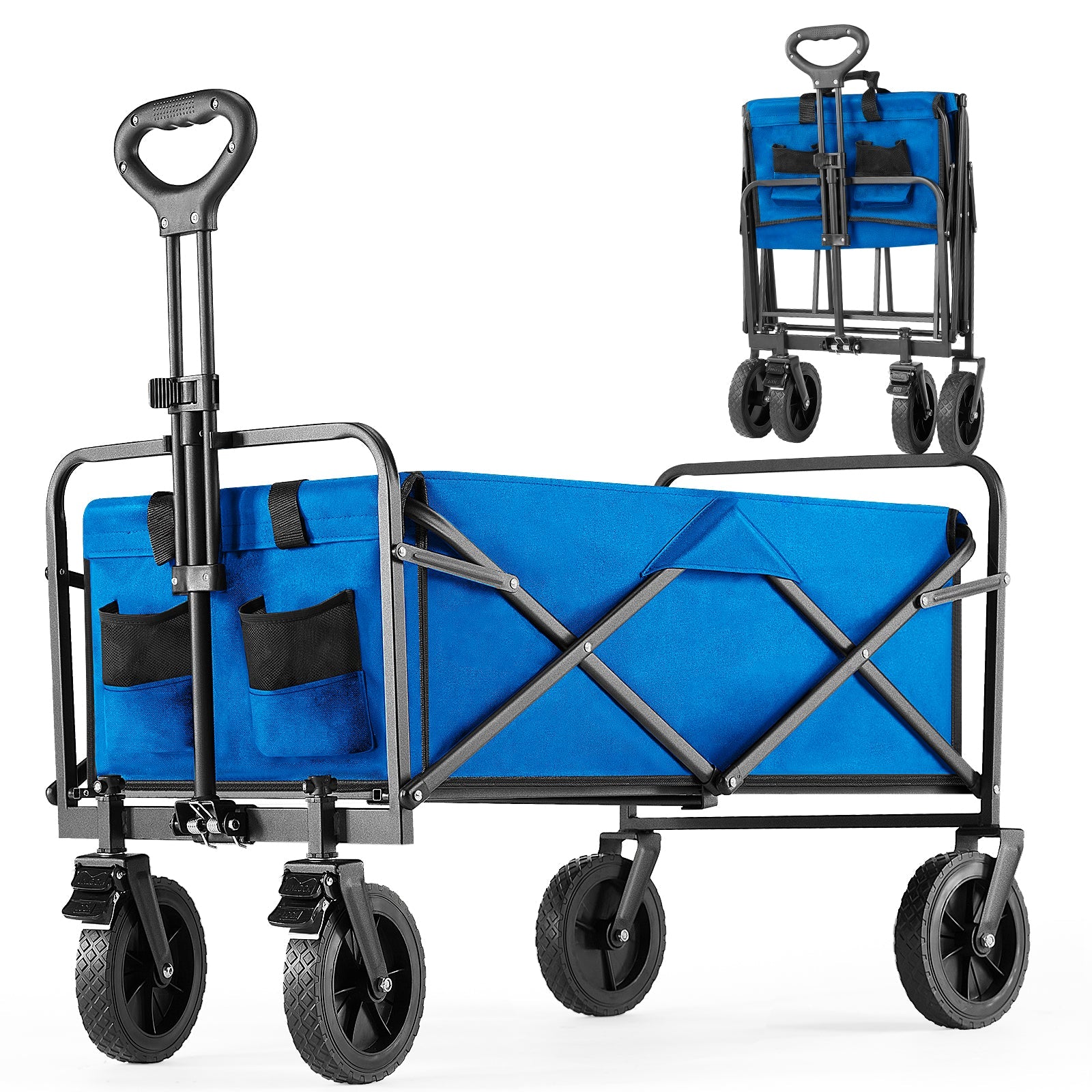 ACCVER Heavy Duty Collapsible Wagon Cart - 400LBS Capacity Folding Utility Cart w/ All-Terrain Wheels, Drink Holders for Camping, Beach, Grocery, Sports (Foldable & Portable), Extra Large Blue