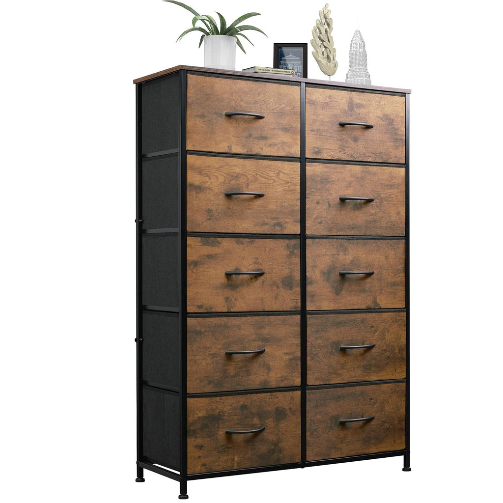 ACCVER 10-Drawer Fabric Dresser with Wood Top & Metal Frame, Closet and Chest for Bedroom, Clothes Storage Organizer, for Living Room, Apartment,Brown