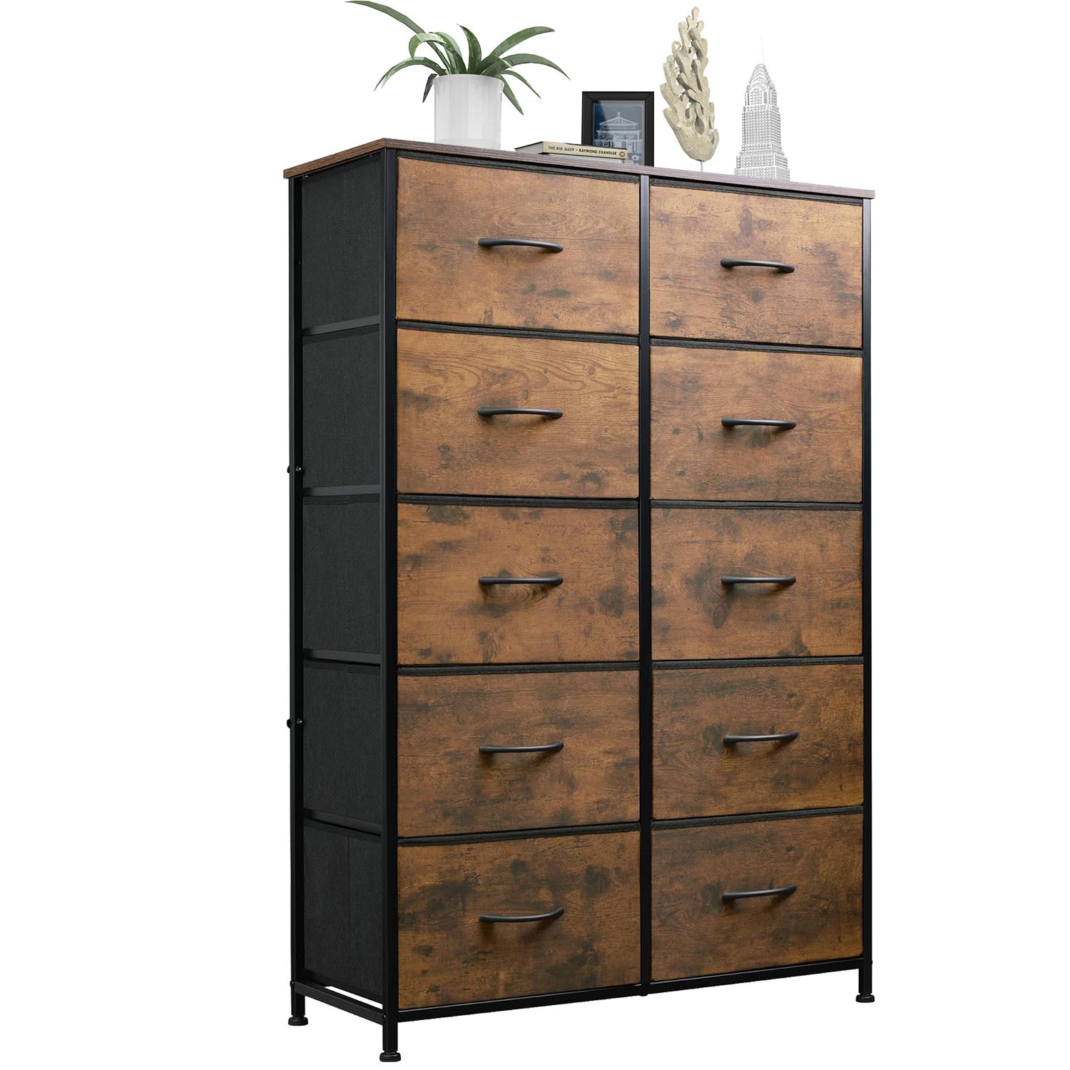 ACCVER 10-Drawer Fabric Dresser with Wood Top & Metal Frame, Closet and Chest for Bedroom, Clothes Storage Organizer, for Living Room, Apartment,Brown