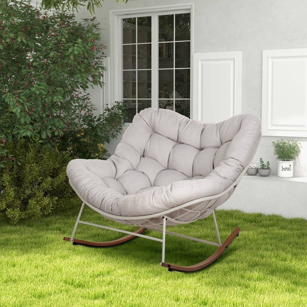 Outdoor Rocking Chair E-Coated Rocking Chair with Cushion Outdoor Rocker Recliner Chair for Patio Porch Garden Backyard, Beige