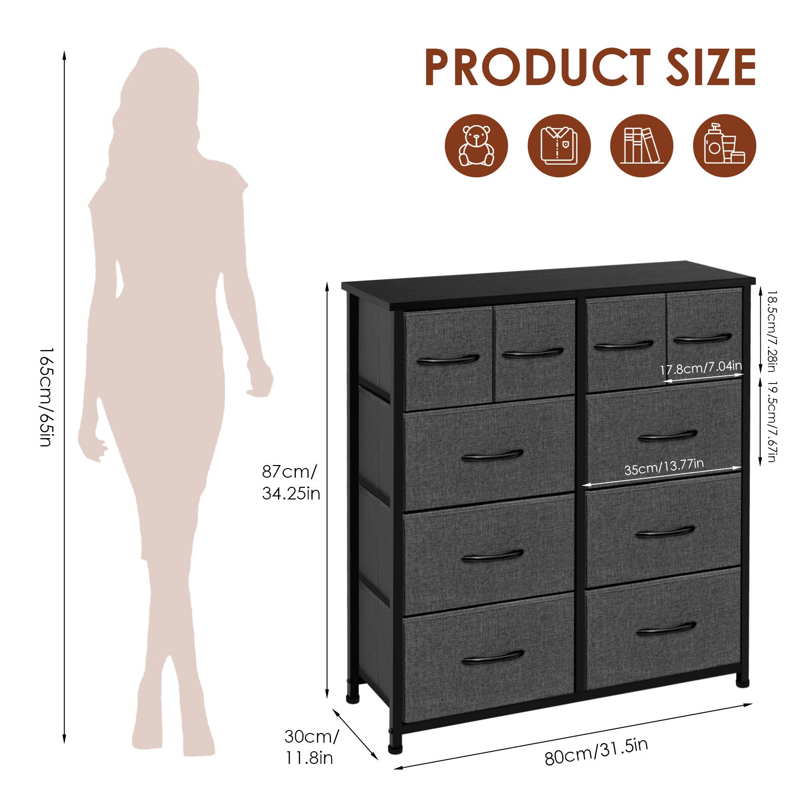 ACCVER Dresser for Bedroom 10 Storage drawer, Fabric Closet Chests Organizer Tower with Wooden Top Metal Frame for Living Room Hallway Entryway