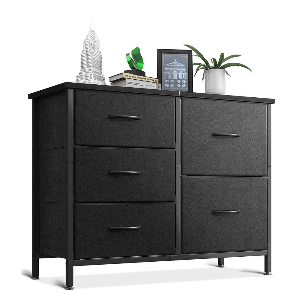 ACCVER 5-Drawer Fabric Dresser with Wood Top & Metal Frame, Closet and Chest for Bedroom, Clothes Storage Organizer, for Living Room, Apartment,Black